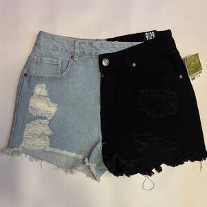 Two-Tone Distressed High-Rise Denim Shorts in Light Blue & Black
